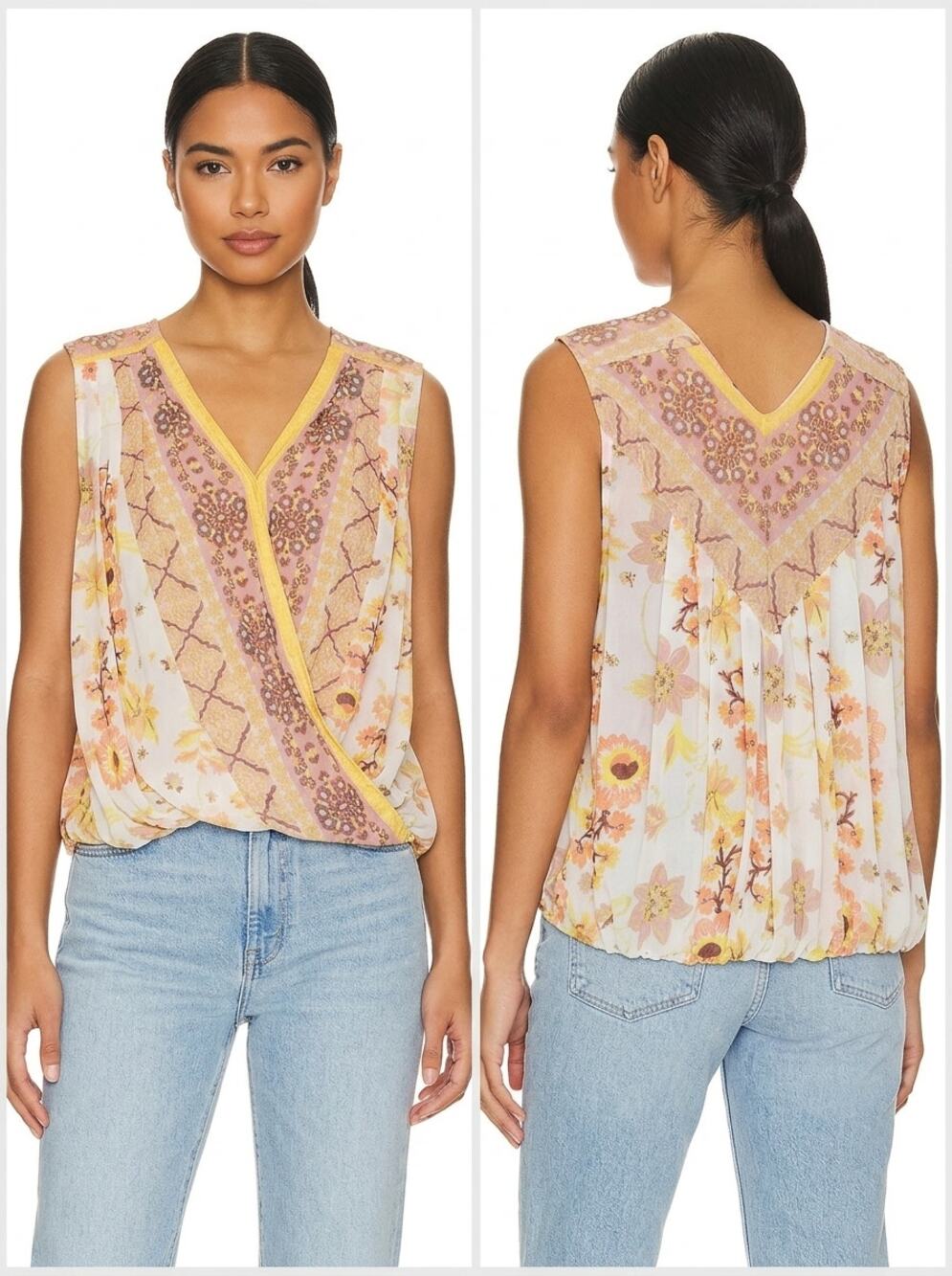 Free People Floral Sleeveless Surplice Wrap Blouse Women See Measurements